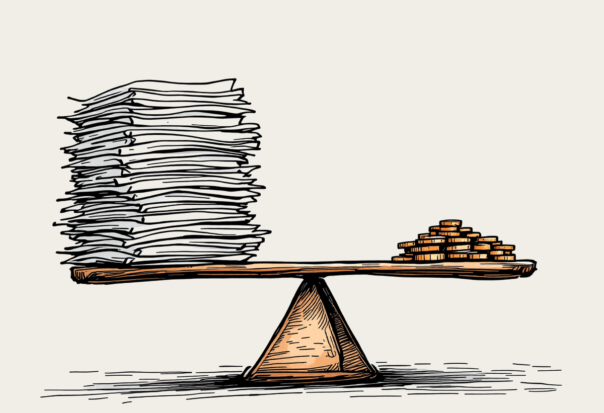 Illustration of a balance scale weighing a tall stack of documents against a small pile of coins