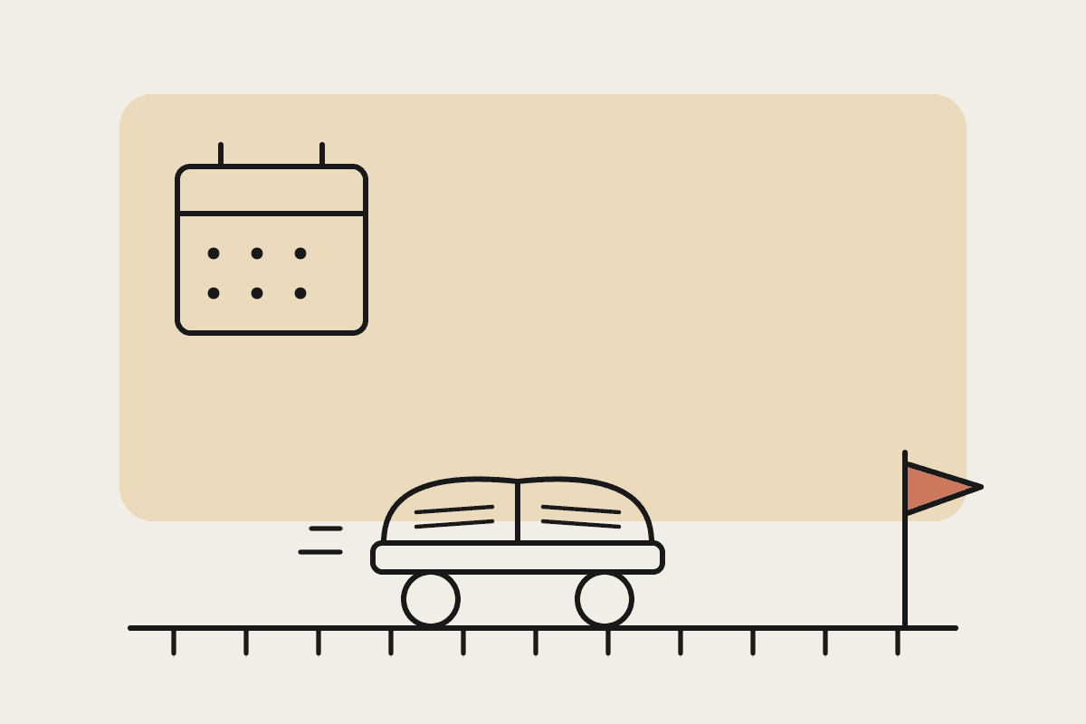 A ledger book rolling along rails toward a terracotta destination flag, with a month-end calendar page above.