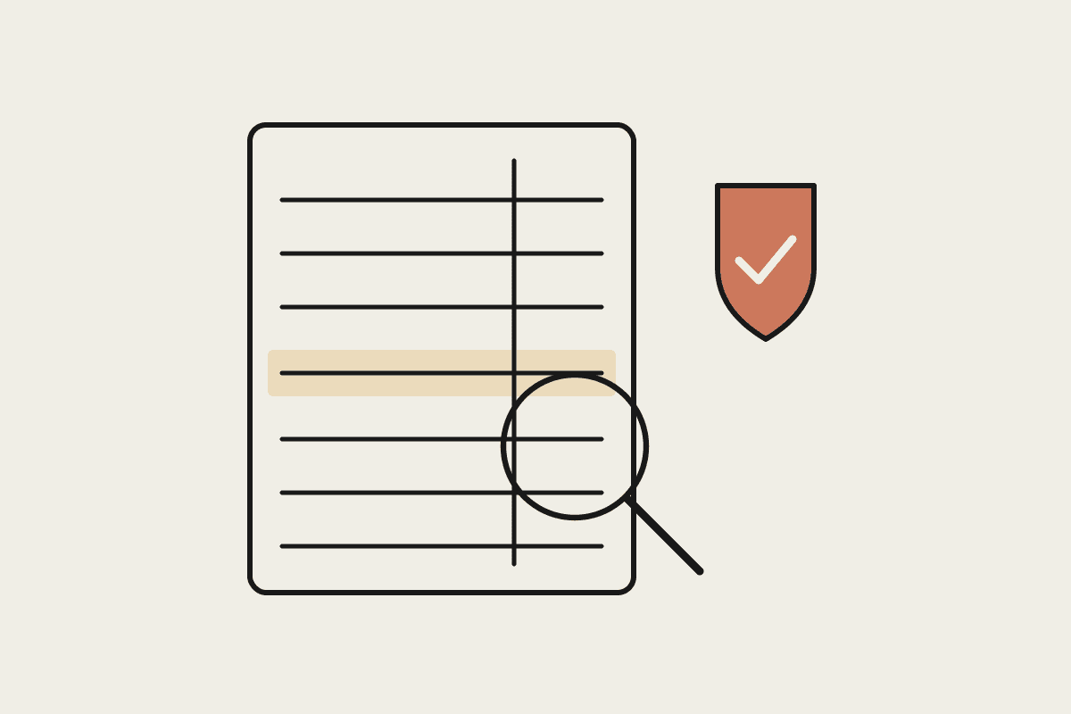 A ledger sheet under a magnifying glass beside a terracotta compliance shield with a tick