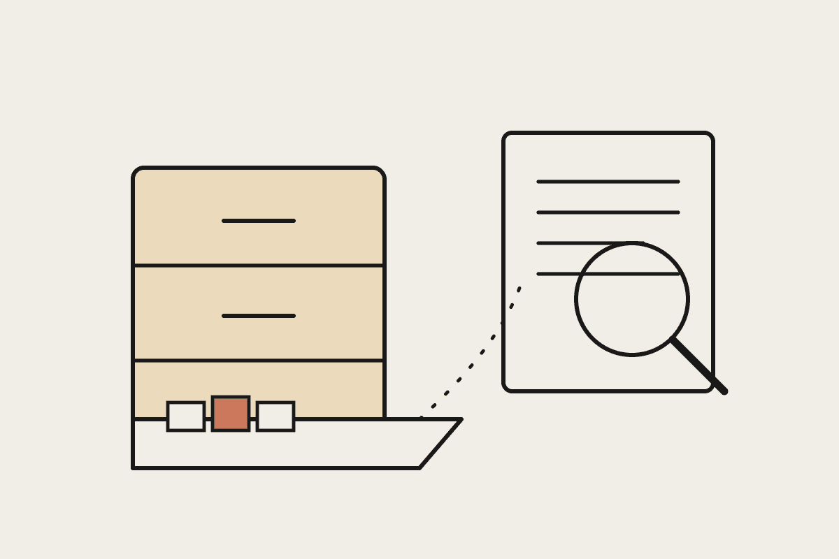 A line-drawn filing cabinet with one terracotta file highlighted and a document being retrieved under a magnifier