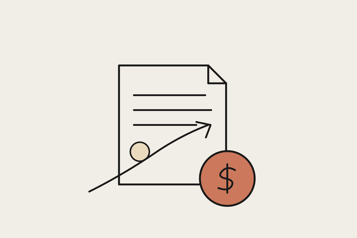 A line illustration of a funding document with an official seal, a terracotta dollar coin and a rising growth arrow.