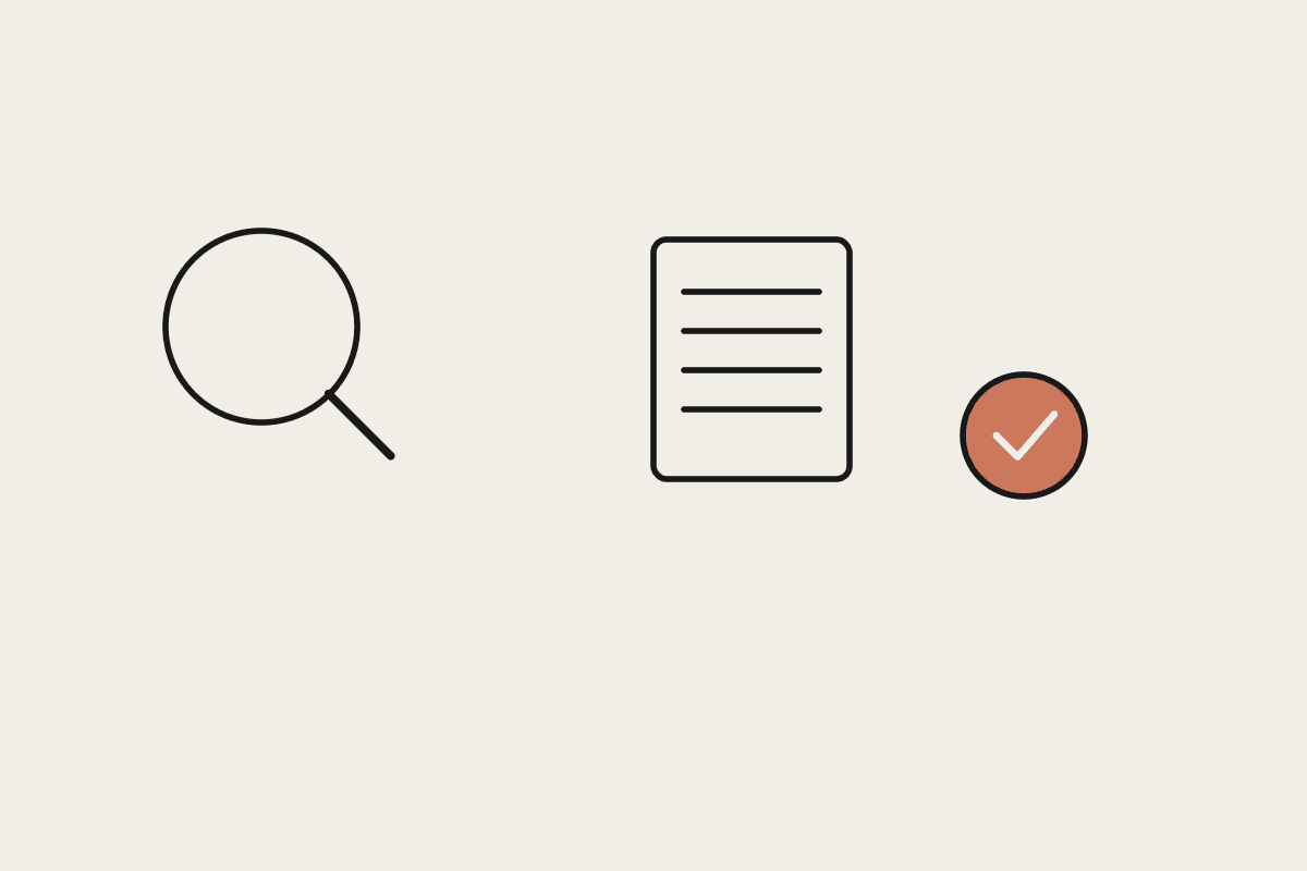 A magnifying glass, a document, and a terracotta checkmark