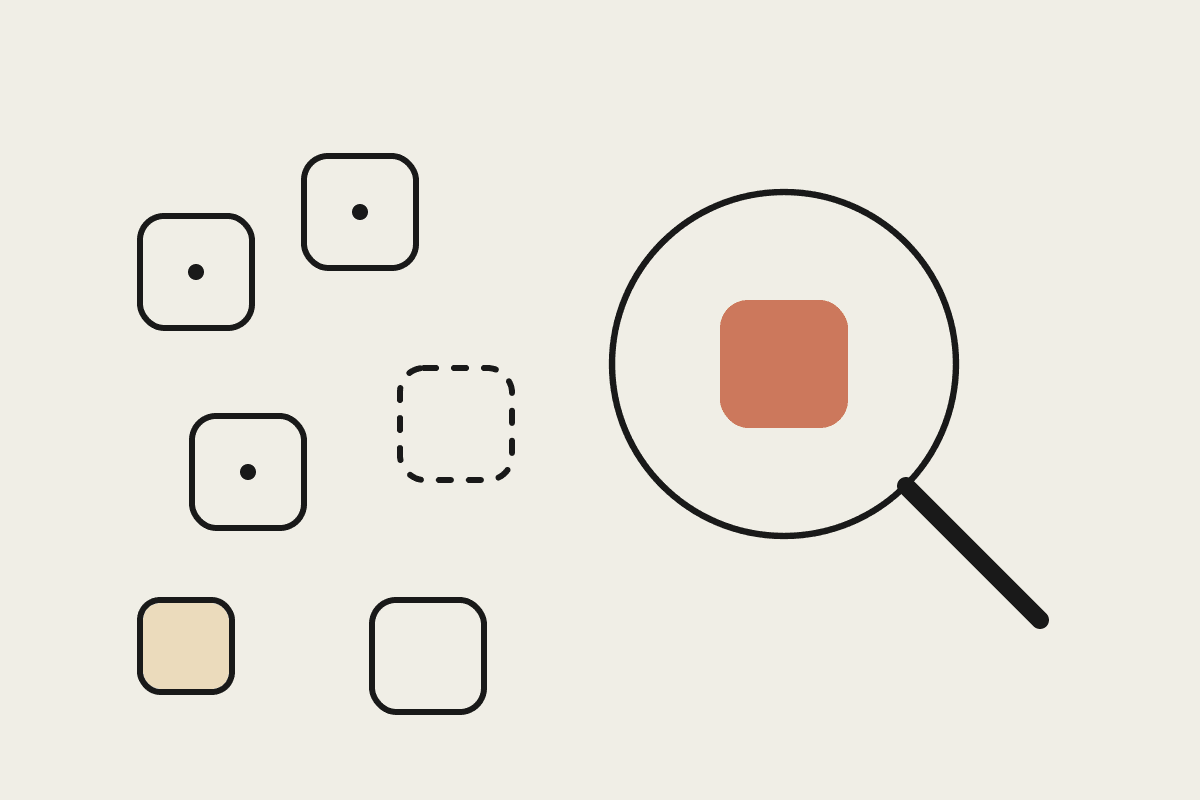 A magnifying glass discovering a hidden app tile among scattered tools, drawn in the Automata AI notebook style.
