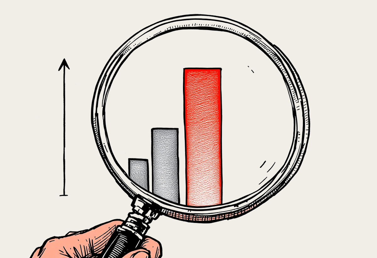 Hand-drawn illustration of a magnifying glass examining a bar chart of AI model benchmark scores