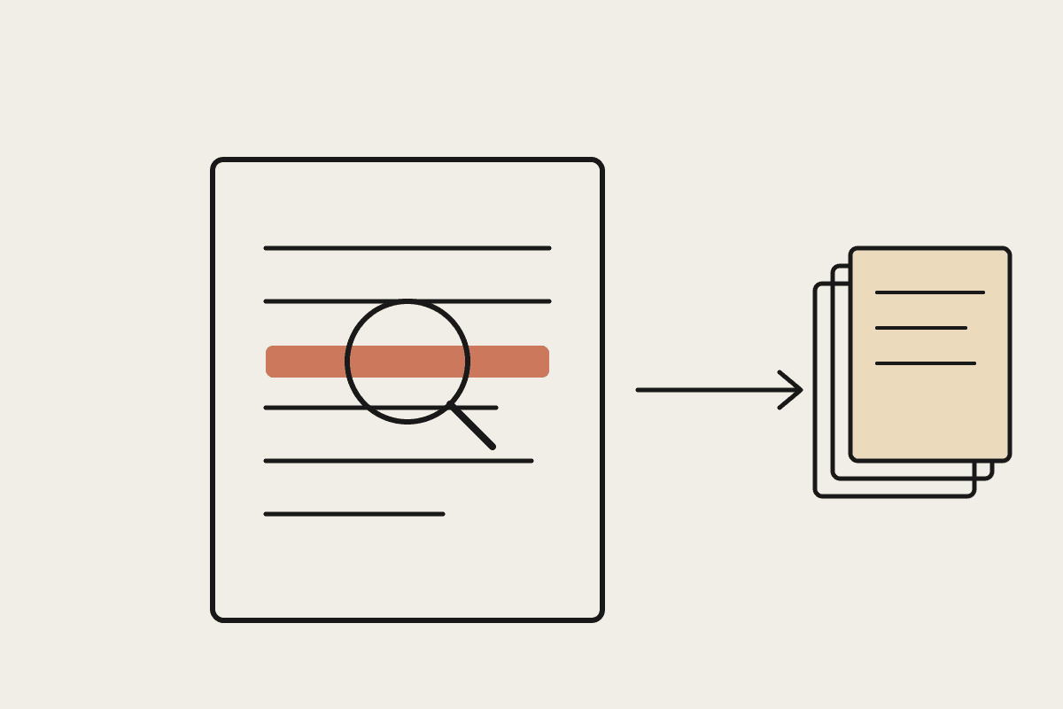 A magnifying glass highlights a terracotta line inside an open document, with an arrow pointing to a stack of source papers