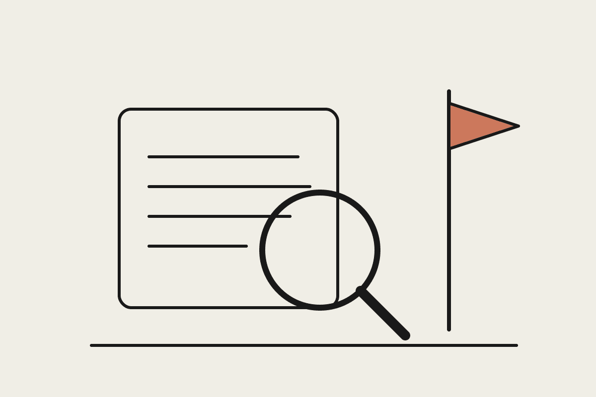 A magnifying glass inspecting a contract beside a terracotta warning flag, a checklist for spotting red flags before hiring an AI automation company.