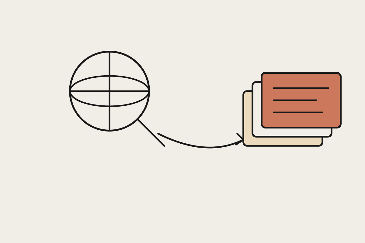 A magnifying glass over a globe, with a curved arrow pointing to a stack of documents, the top one filled terracotta