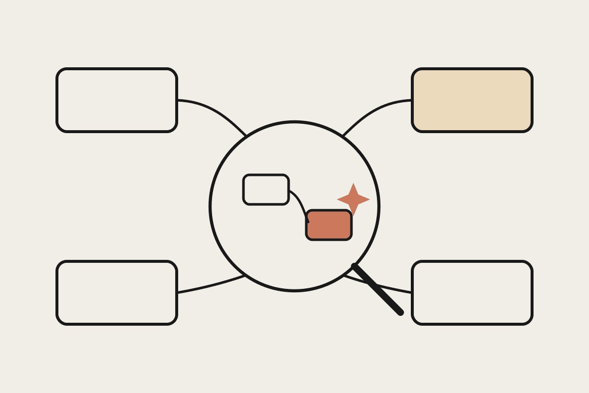 A magnifying glass over a map of connected business process boxes, zooming in on one highlighted automation opportunity marked in terracotta.