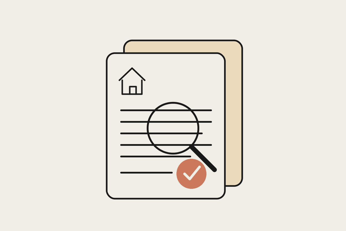 A magnifying glass reviewing a property contract with an approved stamp