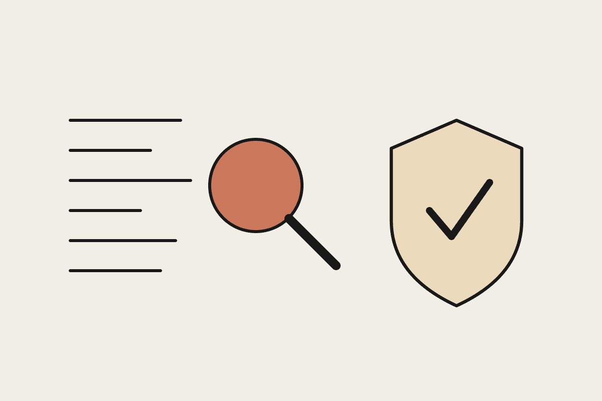 A magnifying glass scanning lines of code beside a shield with a verification tick, in Automata AI notebook style