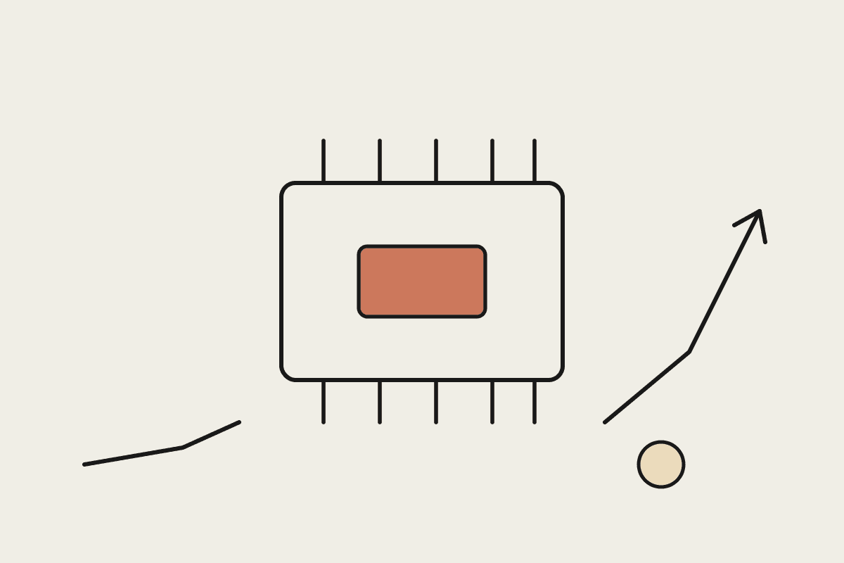 A memory chip at the centre with a flat price line on the left rising steeply on the right