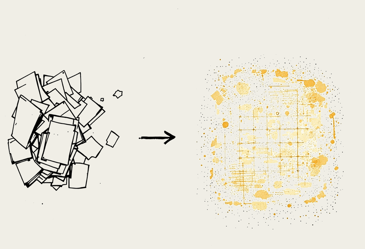 Hand-drawn illustration of messy shipping documents flowing into a single structured data table