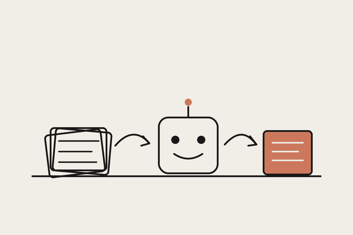 A messy stack of papers flows through a friendly robot into one tidy document, showing delegated admin work.