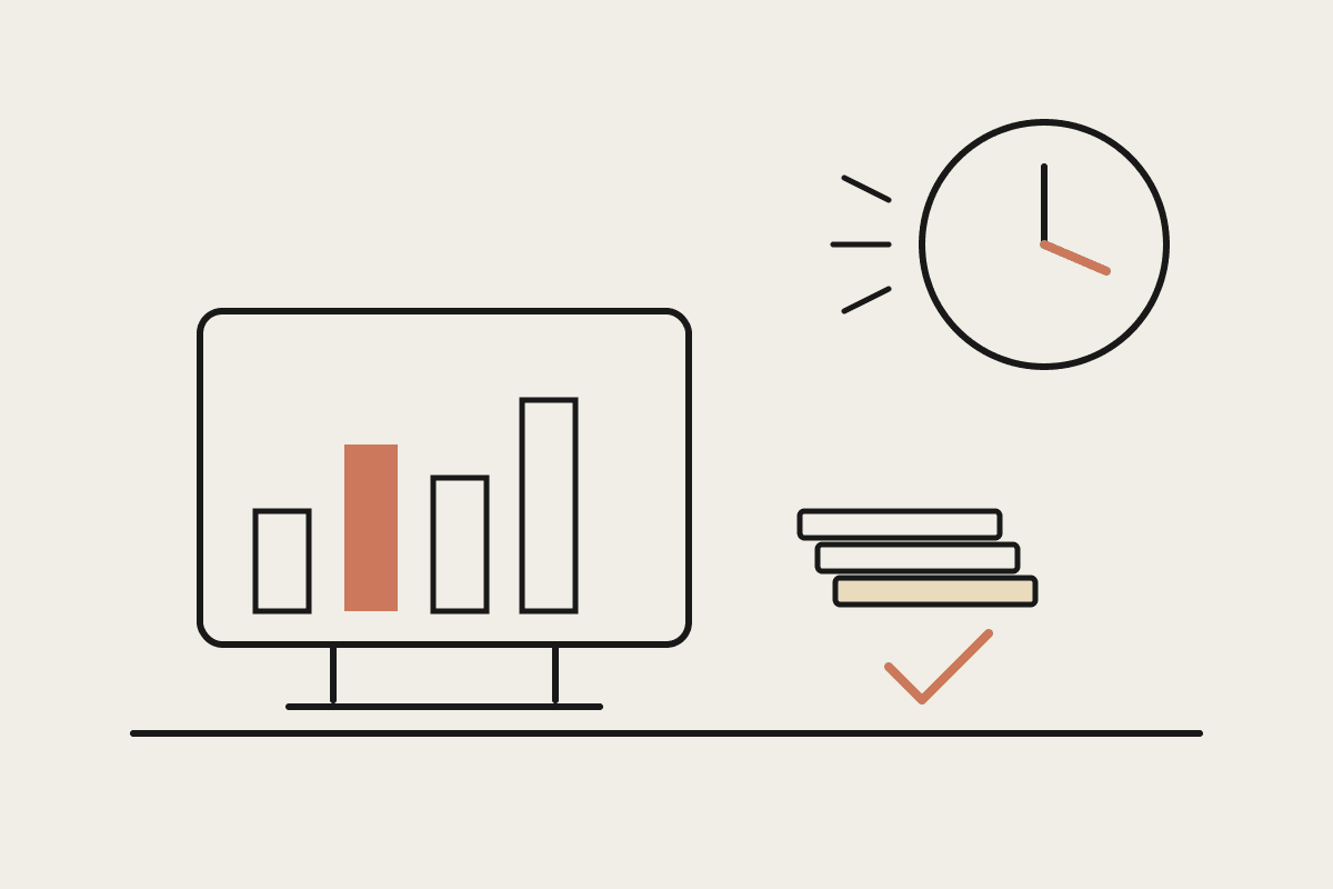 A monitor showing a rising bar chart next to a clock and a shrinking stack of report papers with a terracotta checkmark, illustrating faster marketing reporting.