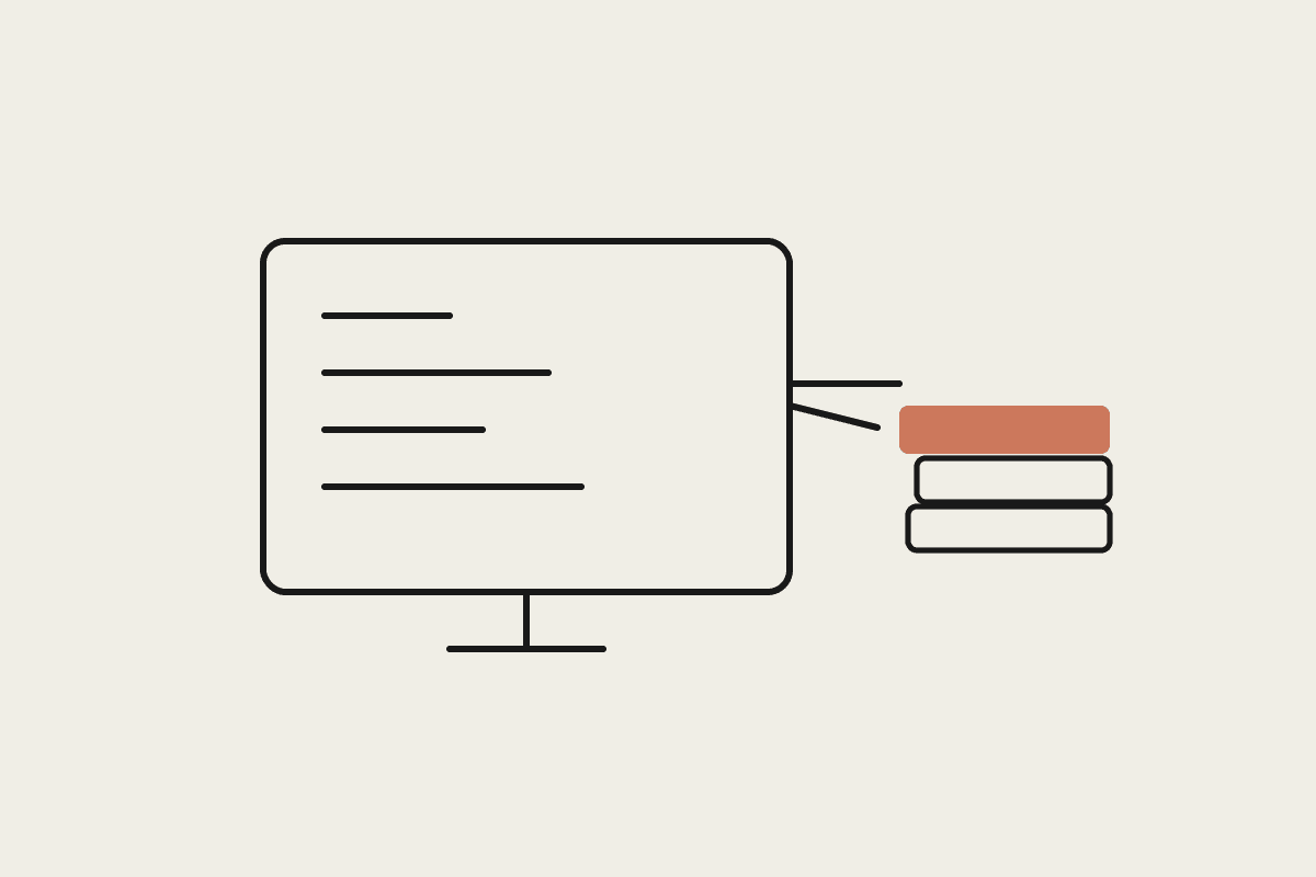 A monitor showing code lines feeding a neat stack, drawn in notebook style