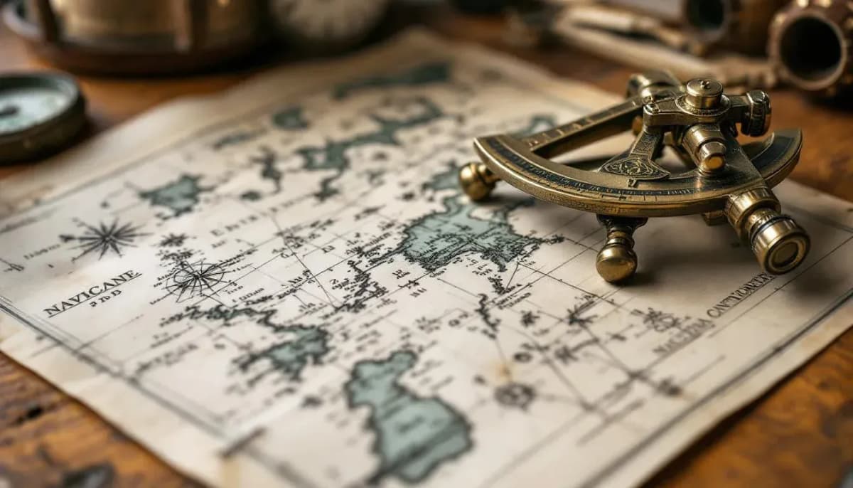 A brass navigator's sextant on a hand-drawn nautical chart spread across a wooden table