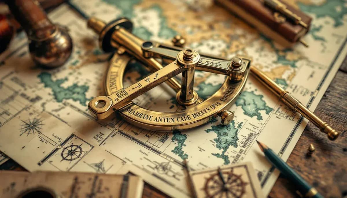 A brass sextant resting on a wooden chart table covered in folded nautical maps