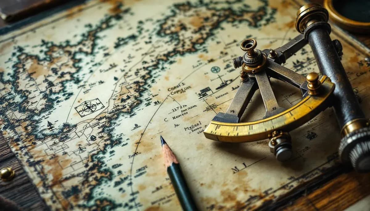 Navigator's brass sextant resting on a wooden chart table covered with hand-drawn coastal maps and a pencil