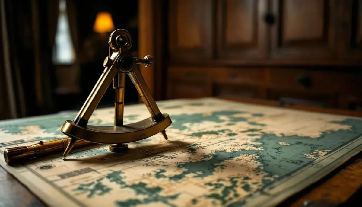 Navigator's brass sextant resting on a wooden chart table with coastal maps and handwritten course notations