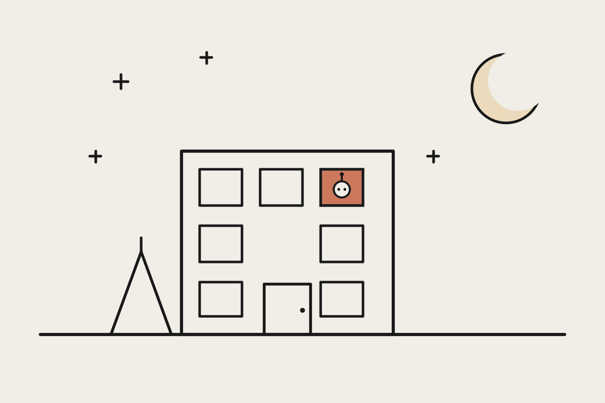 A night-time office building with most windows dark and one terracotta-lit window where a small agent keeps working