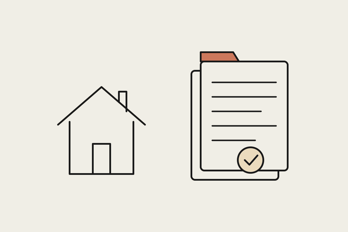 A notebook illustration of a house beside a neatly tabbed folder of building paperwork with a tick of approval.