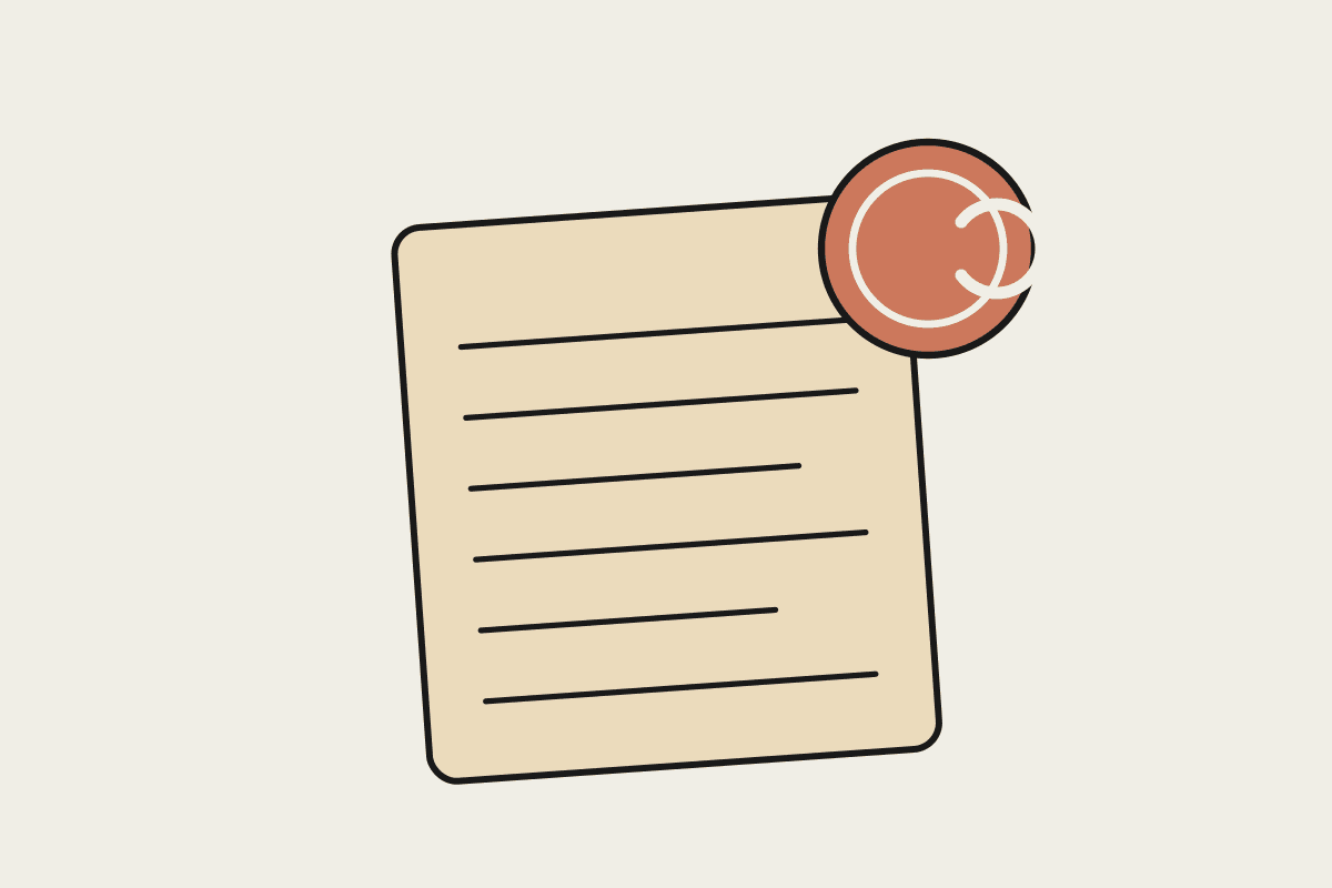 A notebook page of text with a terracotta copyright seal stamped in the corner
