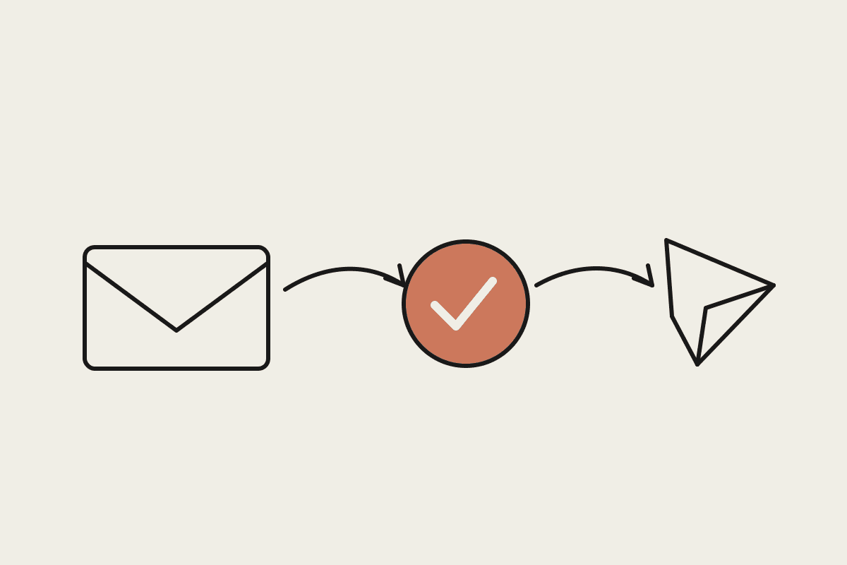 A notebook sketch of a complaint reply moving from an envelope through a terracotta approval tick to a paper plane