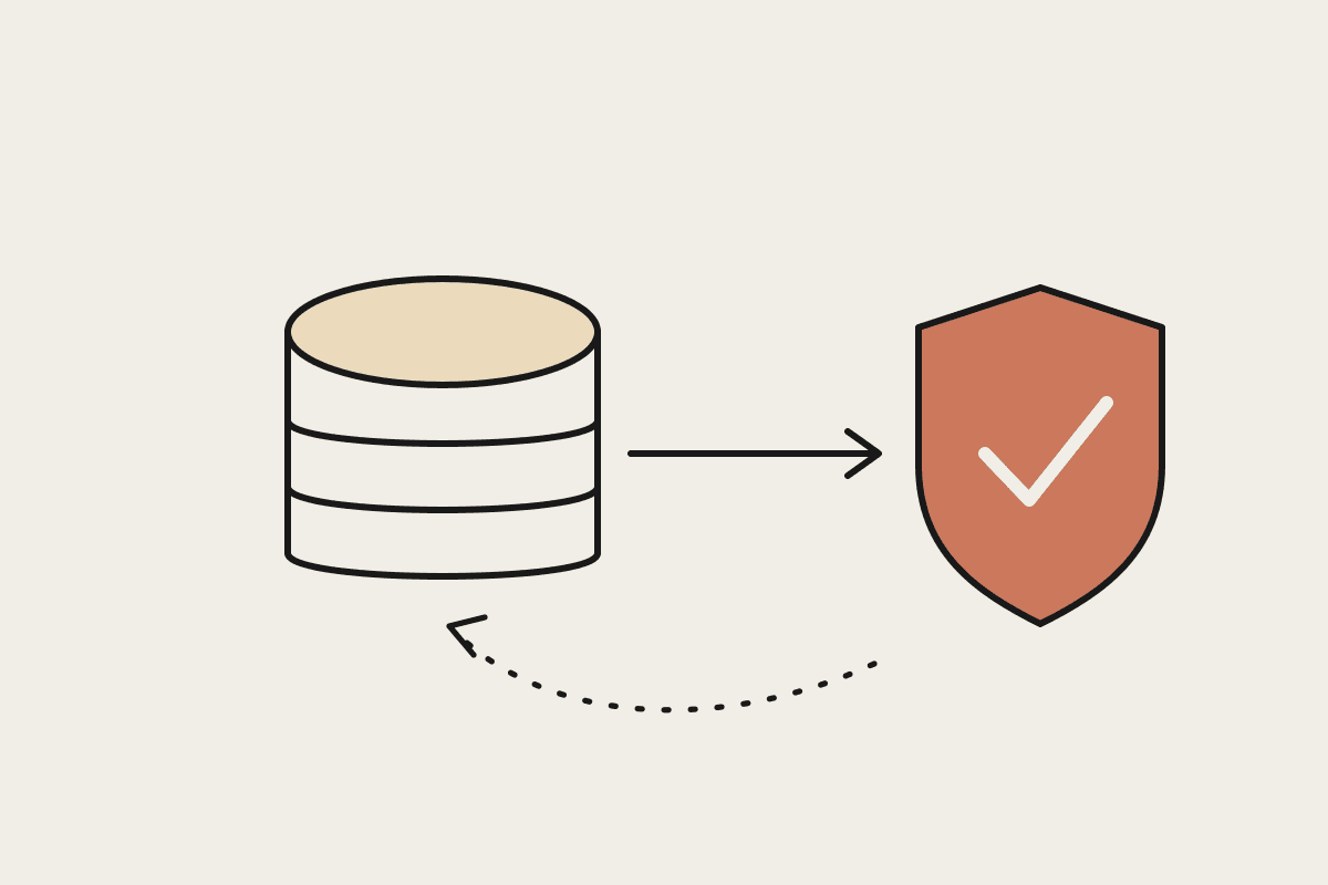 A notebook sketch of a database moving safely to a new state, guarded by a terracotta shield with a tick and a dashed rollback loop.