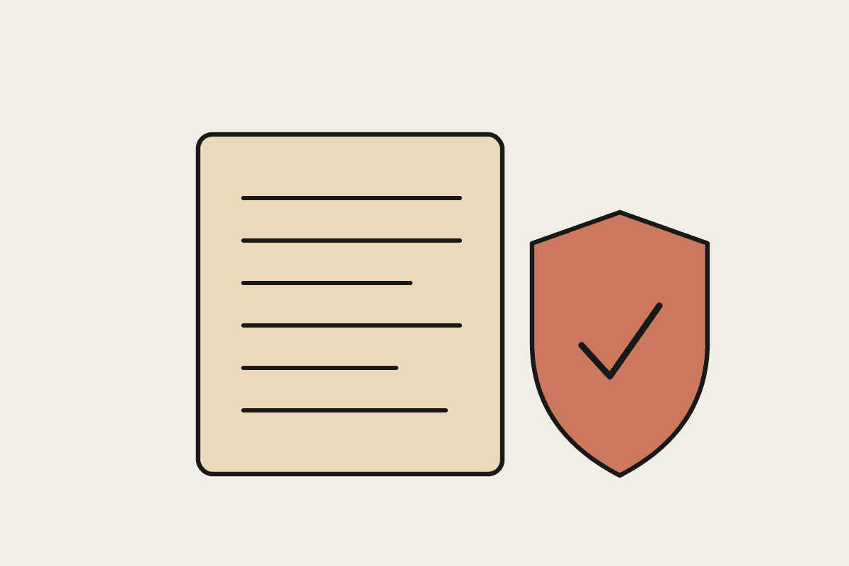 A notebook sketch of a policy document beside a terracotta shield with a tick, standing for safe AI use