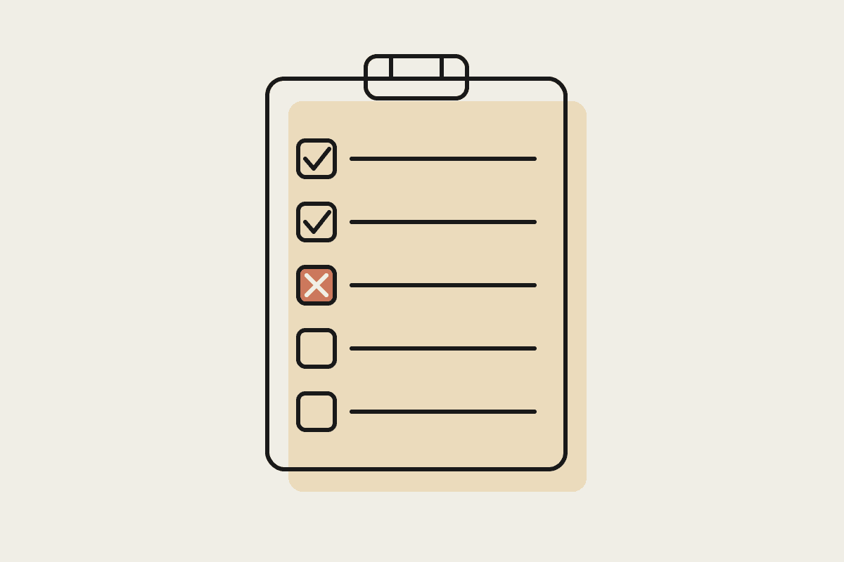 A notebook-style clipboard checklist with one item marked by a terracotta cross, showing Claude Cowork's current limits.