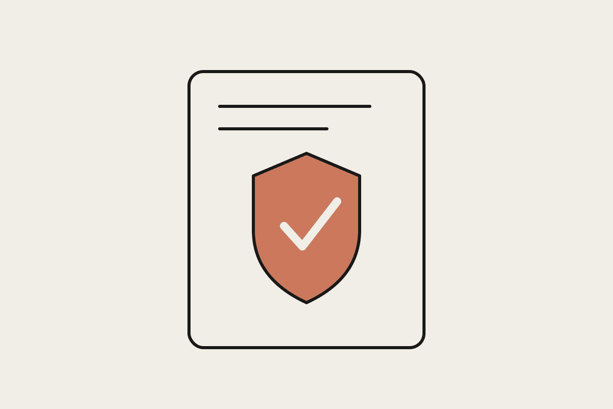 A notebook-style drawing of a shield with a tick mark on a document, standing for AI safety guardrails.