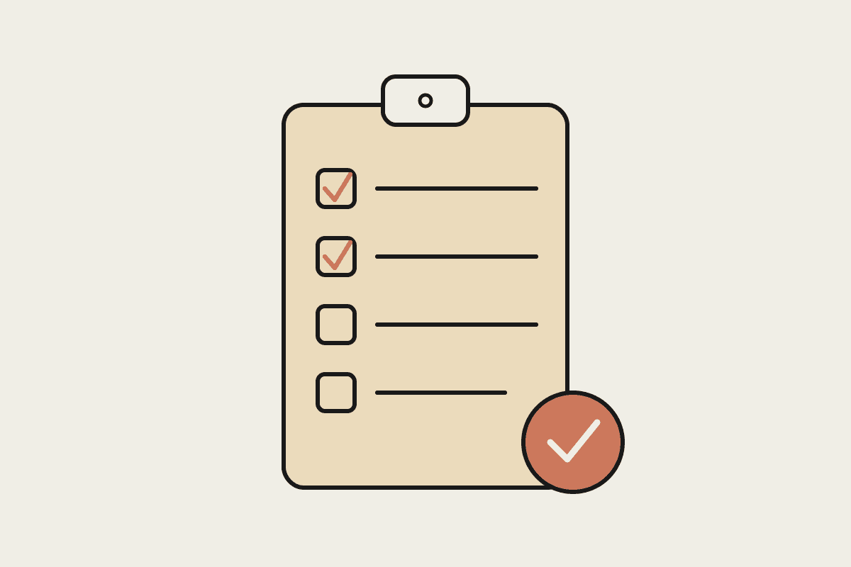 A notebook-style illustration of a compliance checklist on a clipboard with a terracotta approval tick