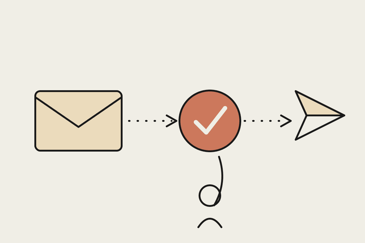 A notebook-style illustration of a draft email passing through a human approval tick before being sent as a paper plane