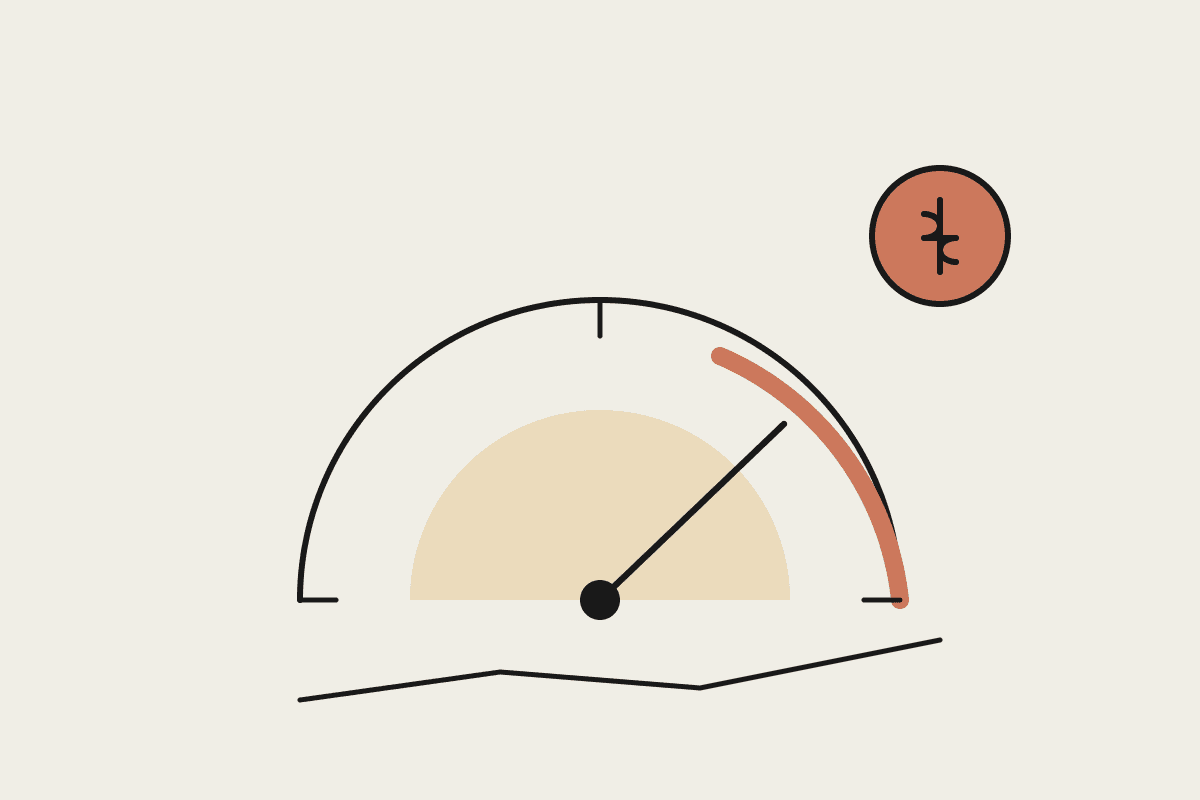 A notebook-style illustration of a margin gauge with the needle in a terracotta safe zone beside a dollar coin