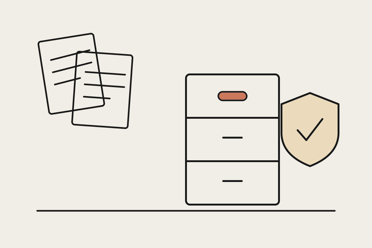 A notebook-style illustration of intake papers being sorted into a tidy filing cabinet beside a privacy shield