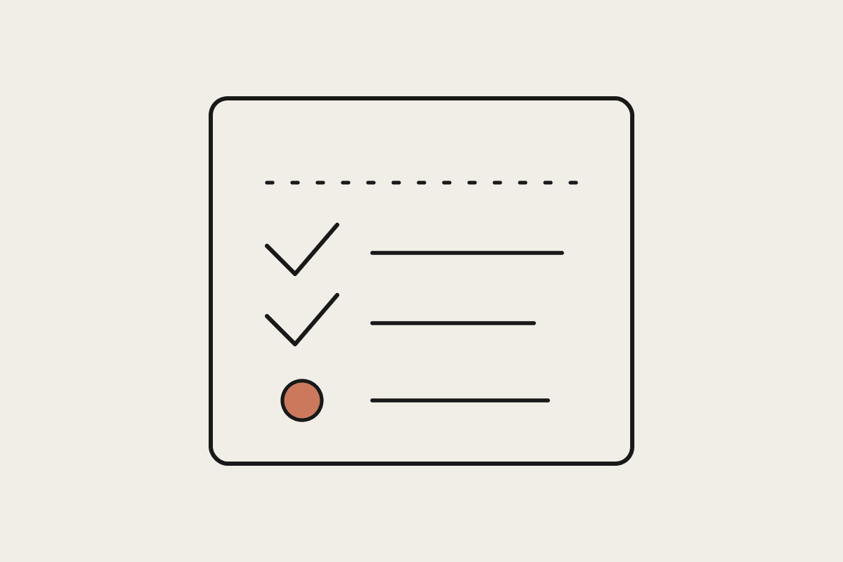 A notepad checklist with two ticked items and one highlighted item still to do