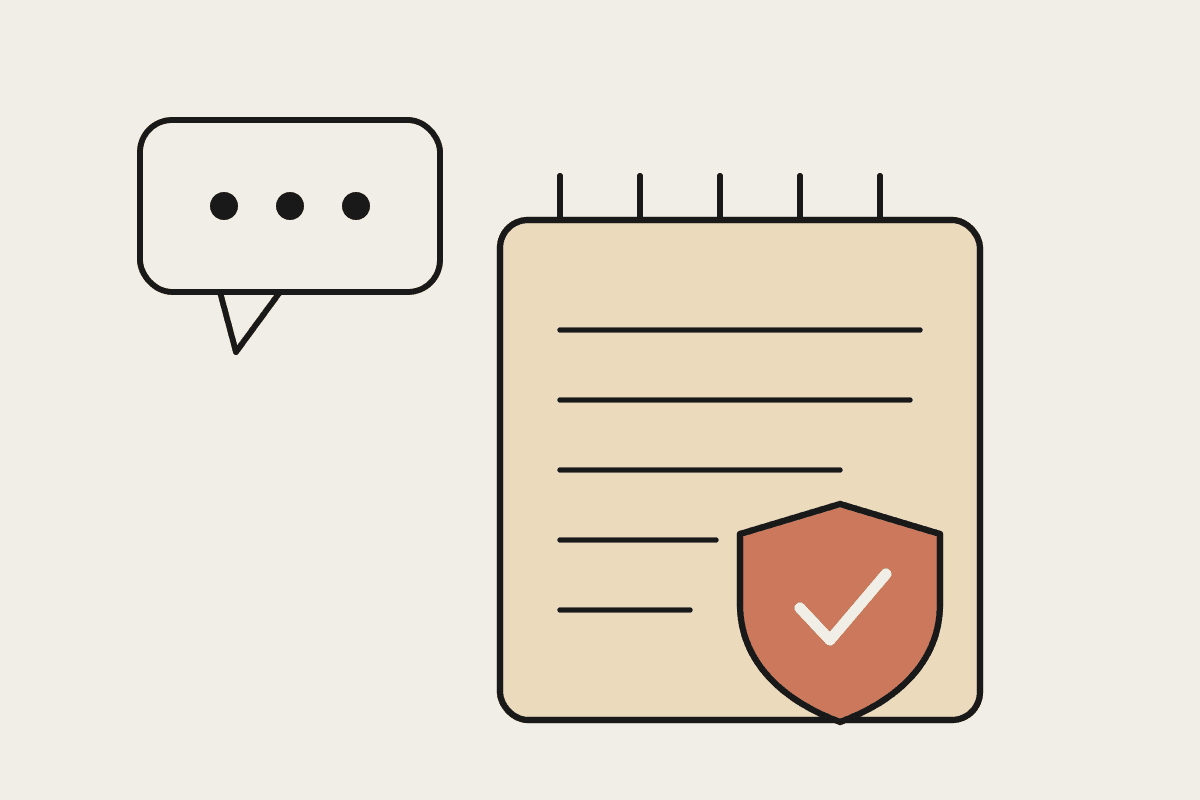A notepad of client meeting notes stamped with a terracotta compliance shield and tick, beside a speech bubble