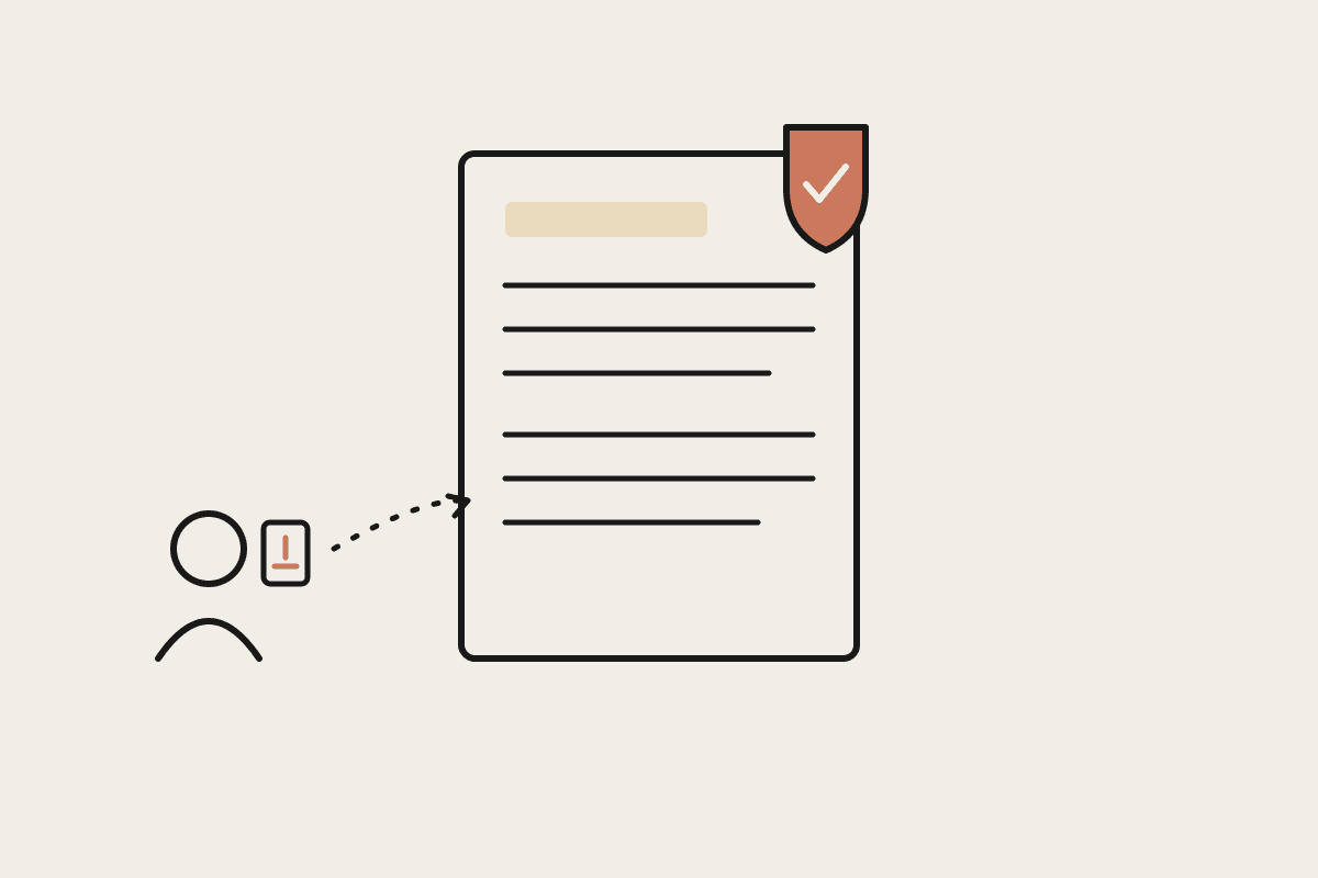A one-page AI policy document with a terracotta compliance shield, and staff bringing their own AI tools toward it