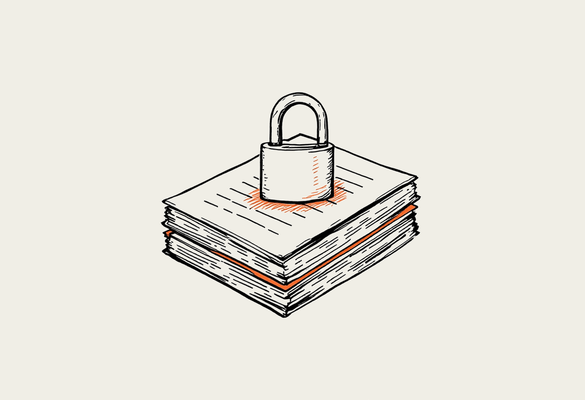 Illustration of a padlock over stacked patient record cards, signalling privacy-first AI