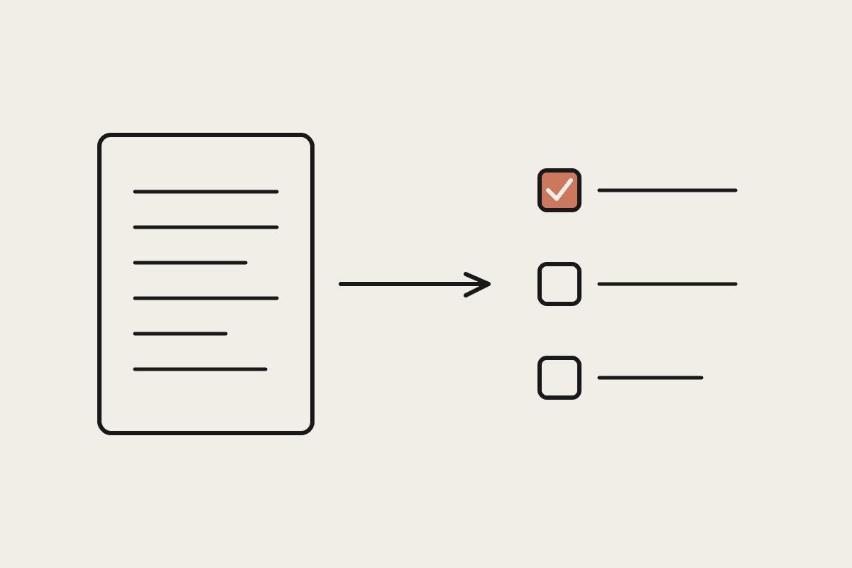 A page of meeting notes with an arrow pointing to a checklist, the top item checked in terracotta