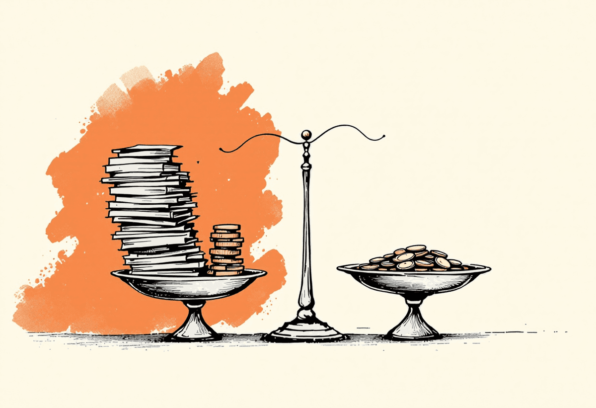 Balance scales weighing a small pile of coins against a taller stack of documents