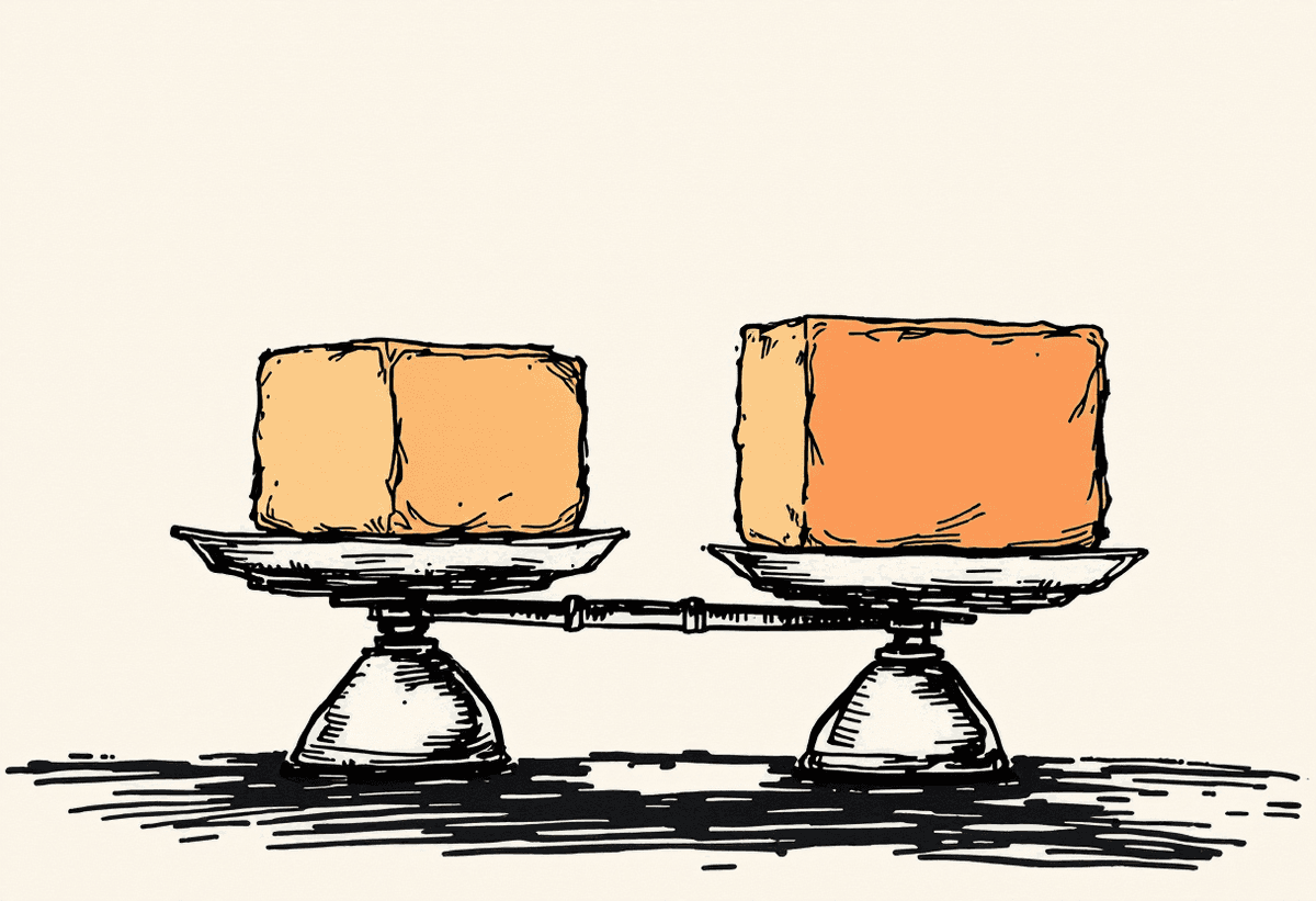 Hand-drawn balance scales weighing a small free plan against a larger paid plan