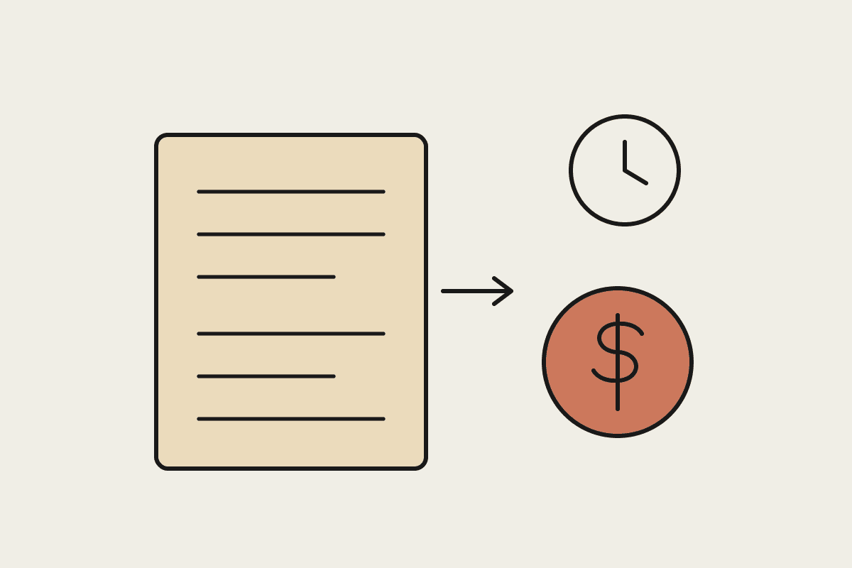A payslip, a pay-cycle clock and a terracotta dollar coin illustrating payroll planning