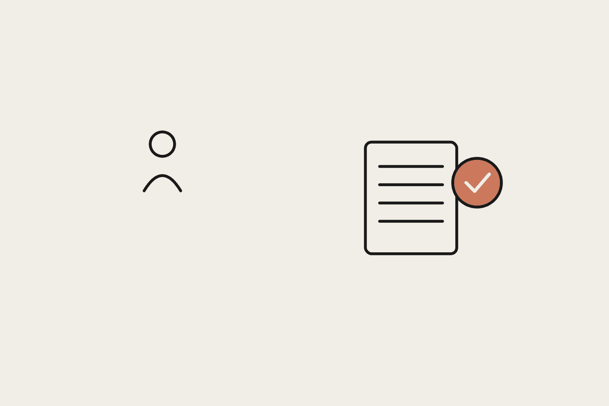 A person, a document, and a terracotta check mark