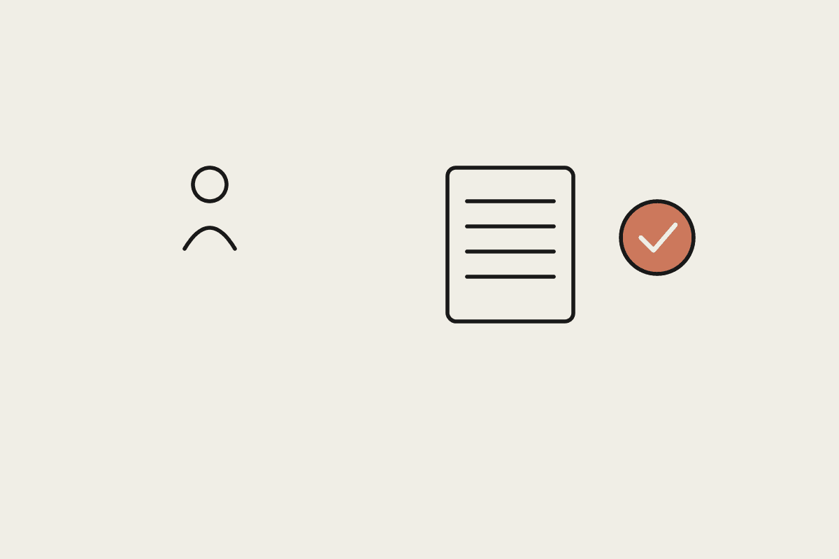 A person, a document, and a terracotta check mark