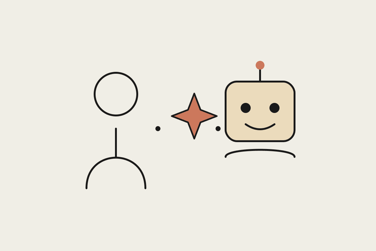 A person and a friendly Claude robot with a terracotta spark of collaboration between them