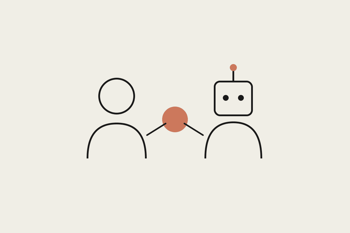 A person and a friendly robot working together with a shared spark between them, drawn in notebook style