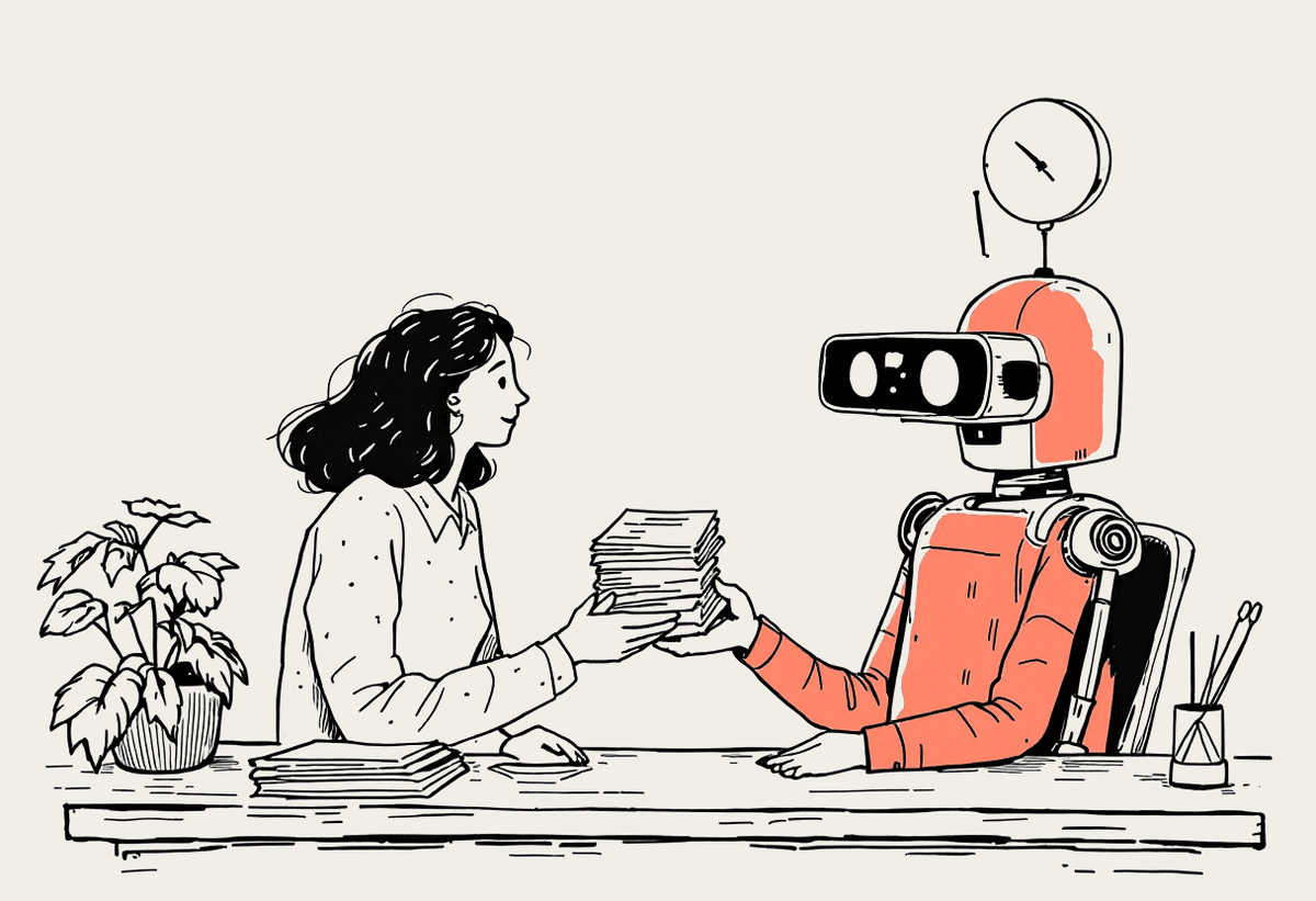 Hand-drawn illustration of a consultant handing routine paperwork to an AI helper to free up time