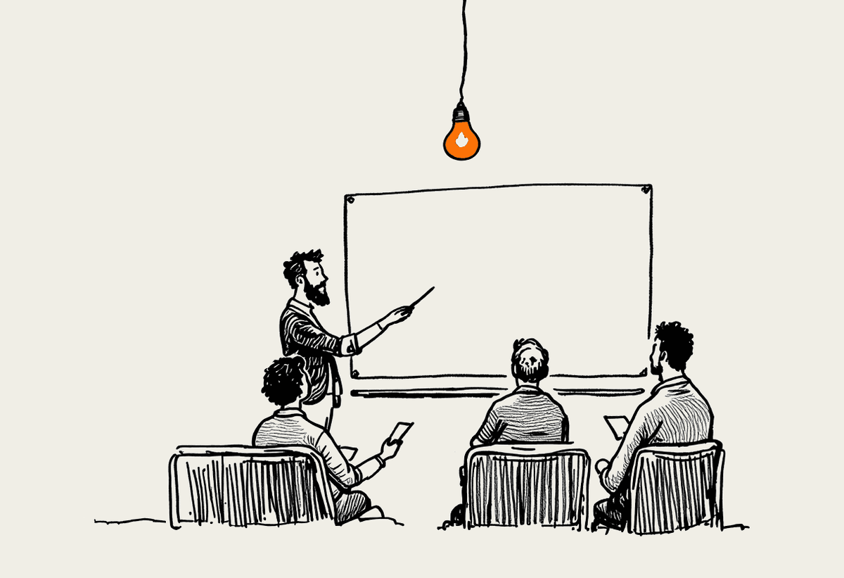 Hand-drawn trainer at a whiteboard teaching three seated figures under a lightbulb