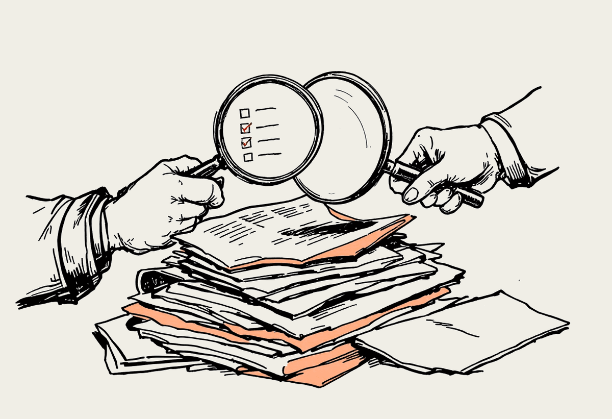 Person reviewing a stack of documents with a magnifying glass, thought bubble showing a checklist